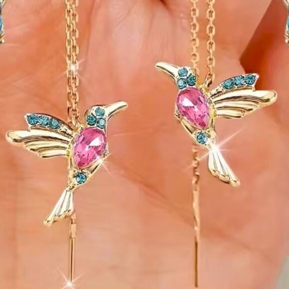 Hummingbird Earrings Bird Chain Dangle Colorful Glam Whimsical Sytlish Trendy - Picture 3 of 7